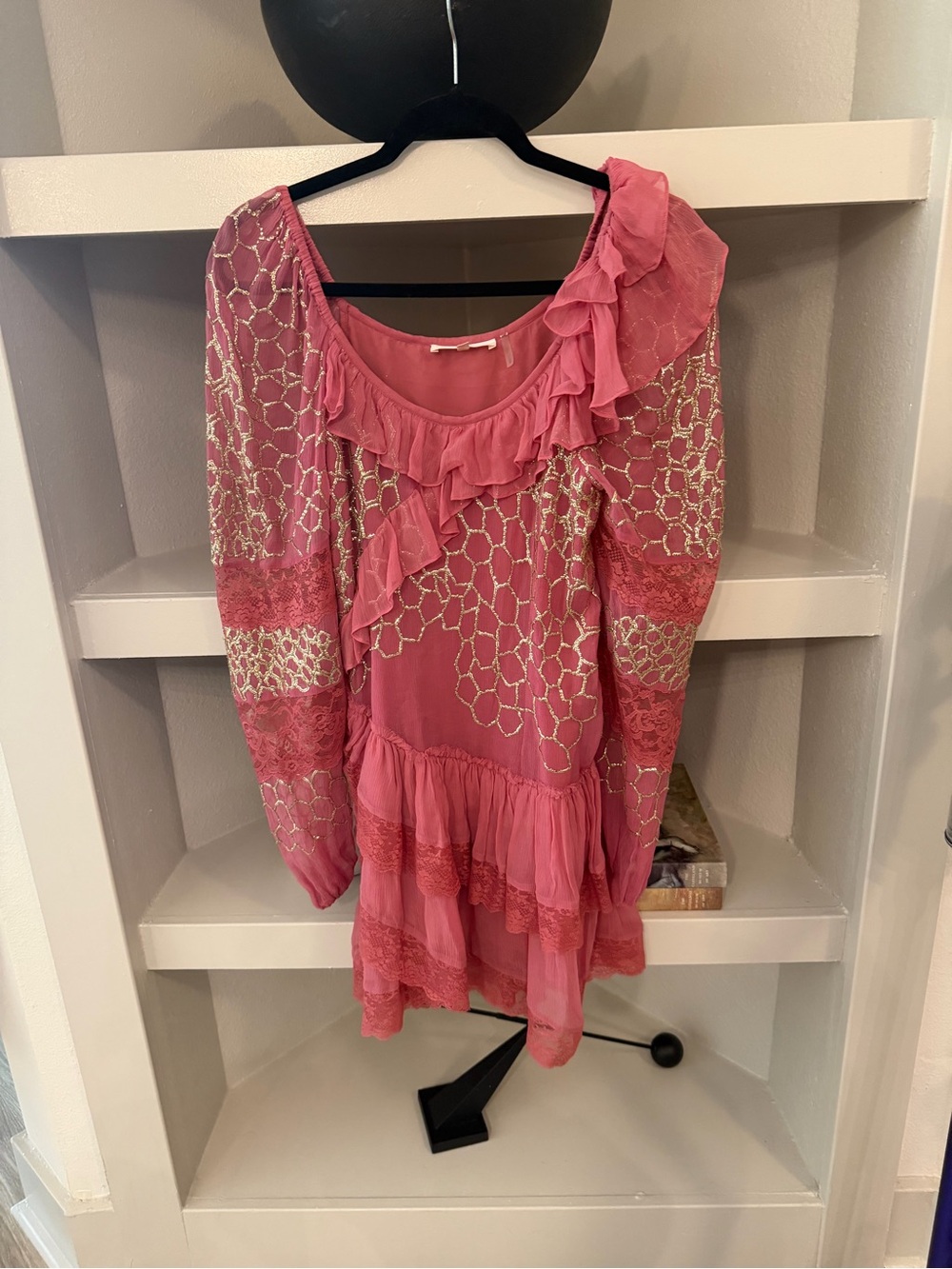 Love Shack Fancy Pink Ruffle and Lace Party Dress with Gold Detail